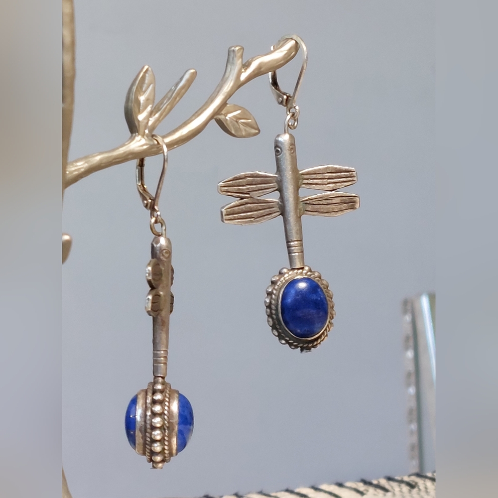 Vintage Sterling Silver Lapis Dragonfly Earrings Double-Sided Rotating Design - Picture 2 of 11